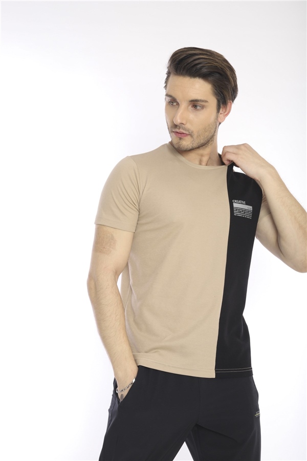 Escetic Koyu Bej Erkek Ragular Kalıp Pamuklu ABD Pike Nefes Alabilen Spor T-Shirt 0895