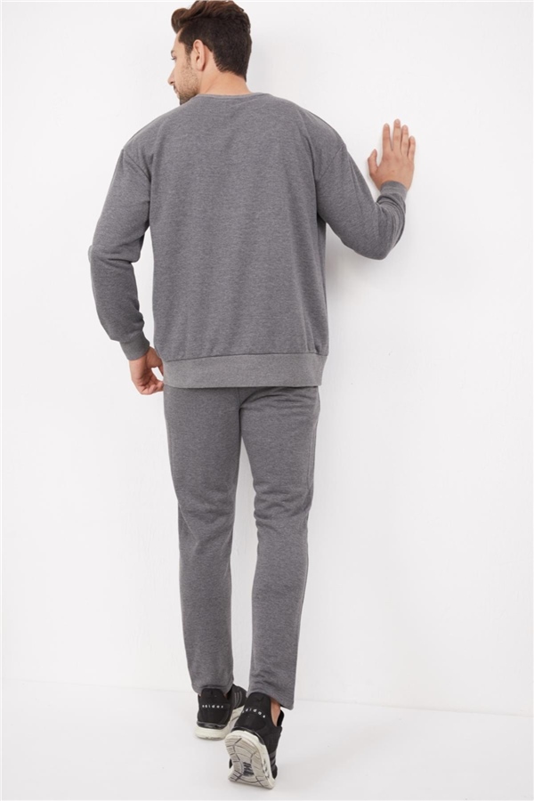Escetic Gri Erkek 3 İplik Nefes Alabilen Pamuklu Baskılı Spor Oversize Sweat Takım A3040