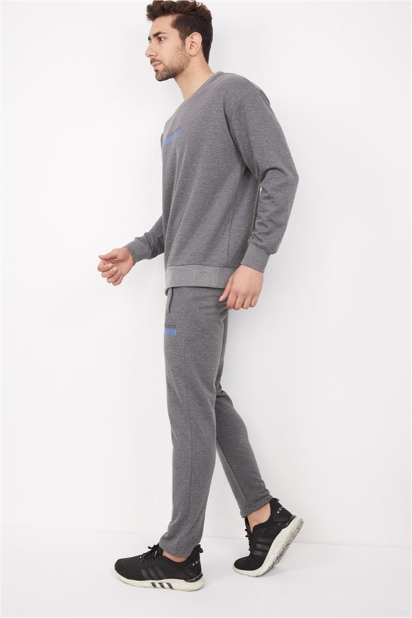 Escetic Gri Erkek 3 İplik Nefes Alabilen Pamuklu Baskılı Spor Oversize Sweat Takım A3040