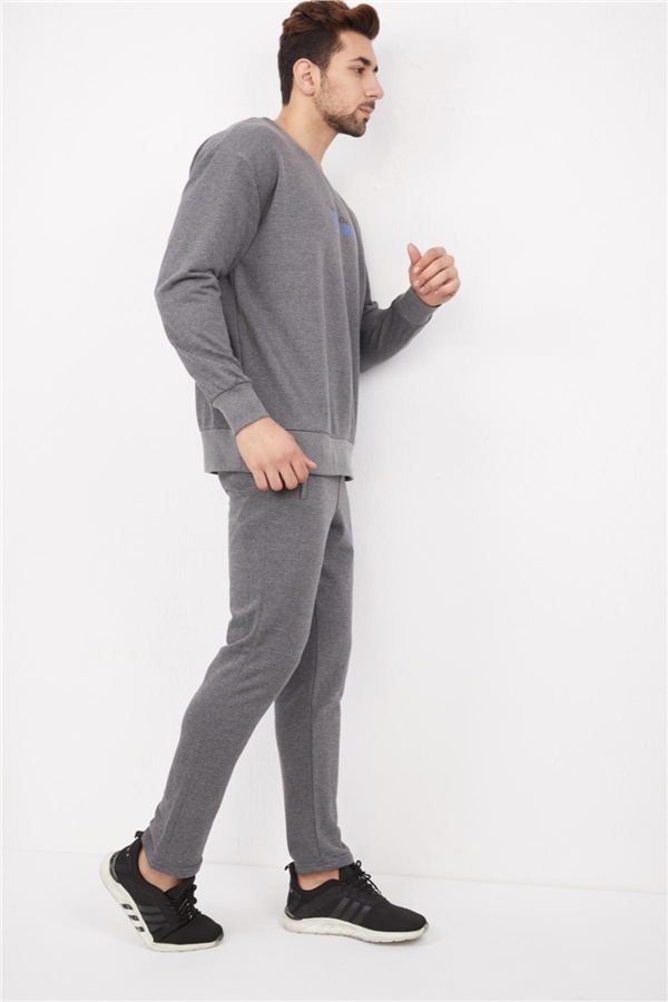 Escetic Gri Erkek 3 İplik Nefes Alabilen Pamuklu Baskılı Spor Oversize Sweat Takım A3040