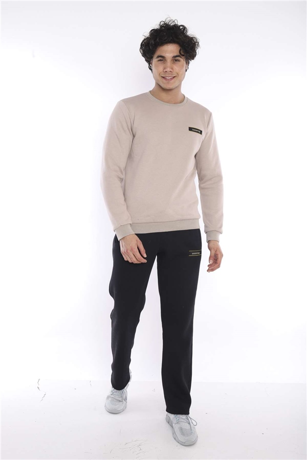 Escetic Bej Erkek Kışlık Kalın 3 İplik (İçi Şardonlu) Sweat Eşofman Takımı A3053
