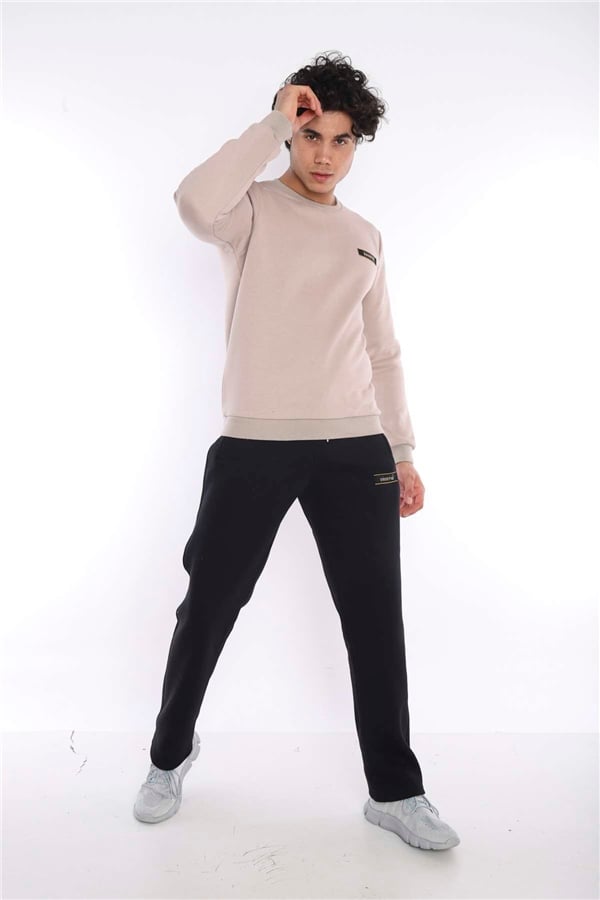 Escetic Bej Erkek Kışlık Kalın 3 İplik (İçi Şardonlu) Sweat Eşofman Takımı A3053