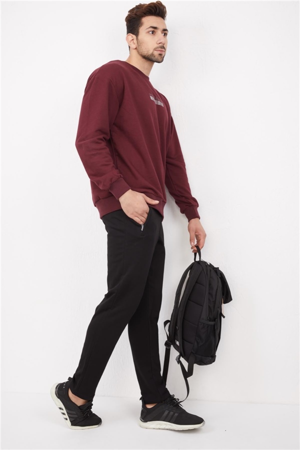 Escetic Bordo Erkek 3 İplik Nefes Alabilen Pamuklu Baskılı Spor Oversize Sweat Takım A3040