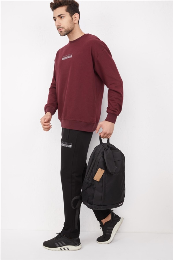 Escetic Bordo Erkek 3 İplik Nefes Alabilen Pamuklu Baskılı Spor Oversize Sweat Takım A3040