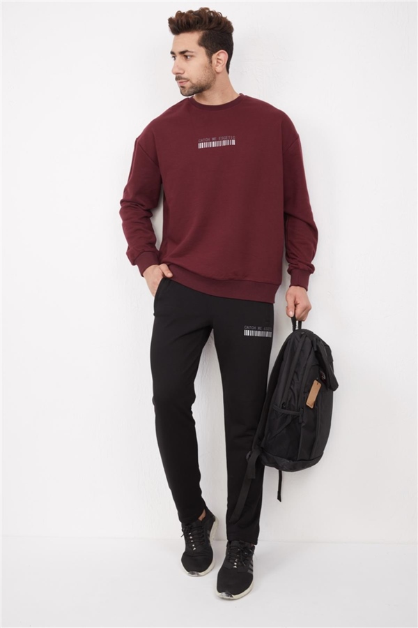 Escetic Bordo Erkek 3 İplik Nefes Alabilen Pamuklu Baskılı Spor Oversize Sweat Takım A3040