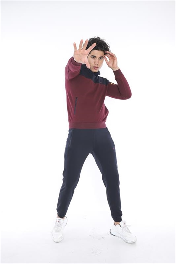Escetic Bordo Erkek 3 İplik Nefes Alabilen Pamuklu Baskılı Spor Slimfit Sweat Takım A3039