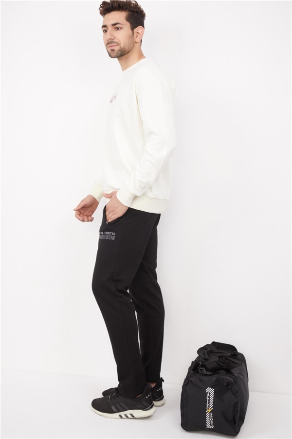 Escetic Ekru Erkek 3 İplik Nefes Alabilen Pamuklu Baskılı Spor Oversize Sweat Takım A3040