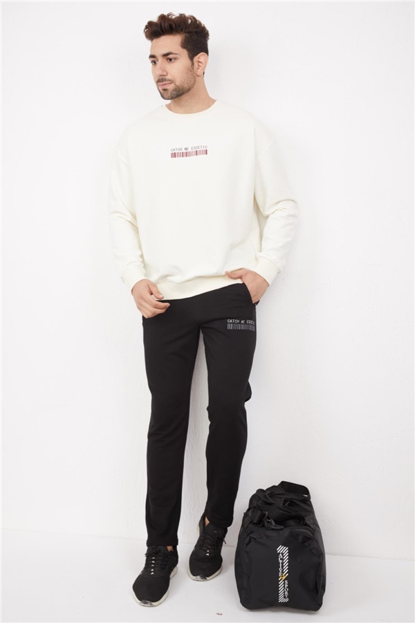 Escetic Ekru Erkek 3 İplik Nefes Alabilen Pamuklu Baskılı Spor Oversize Sweat Takım A3040