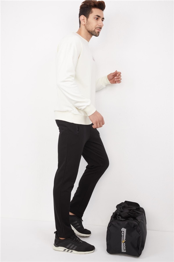 Escetic Ekru Erkek 3 İplik Nefes Alabilen Pamuklu Baskılı Spor Oversize Sweat Takım A3040