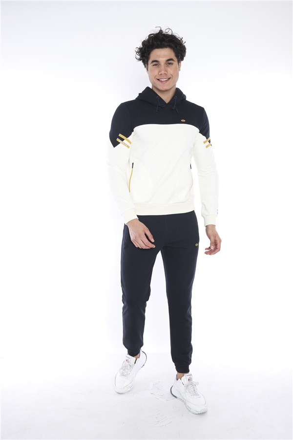 Escetic Ekru Erkek 3 İplik Nefes Alabilen Pamuklu Baskılı Spor Slimfit Sweat Takım A3039