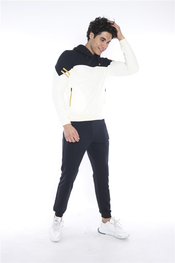 Escetic Ekru Erkek 3 İplik Nefes Alabilen Pamuklu Baskılı Spor Slimfit Sweat Takım A3039