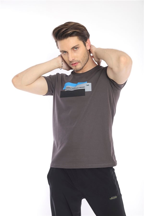 Escetic Füme Erkek Ragular Kalıp Pamuklu ABD Pike Nefes Alabilen Spor T-Shirt 0876