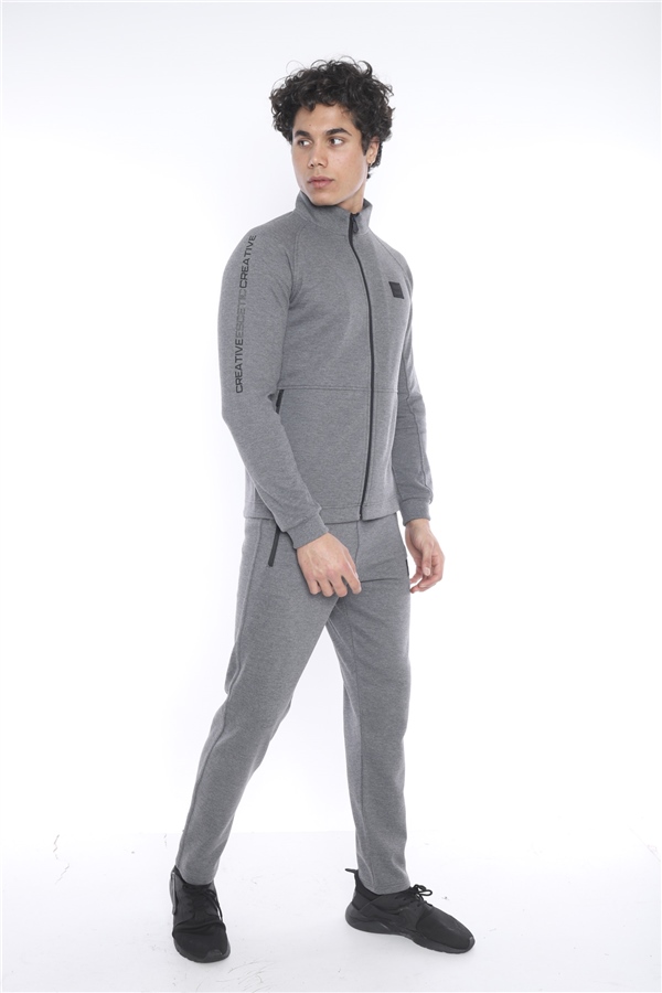 Escetic G3 Melanj Erkek Şardonlu Lakos Kumaş Dik Yaka Spor Slimfit Eşofman Takımı 6693