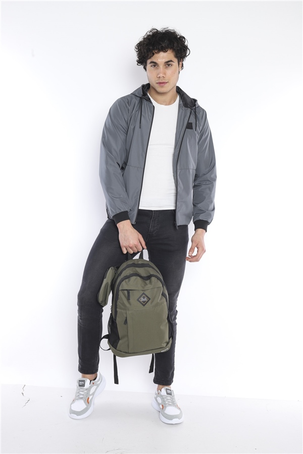 Erkek Gri Rüzgarlık Yağmurluk Ince Kapsonlu Ceket 2 Cepli Desenli Astarlı 6722