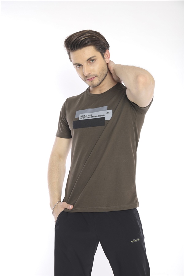 Escetic Haki Erkek Ragular Kalıp Pamuklu ABD Pike Nefes Alabilen Spor T-Shirt 0876