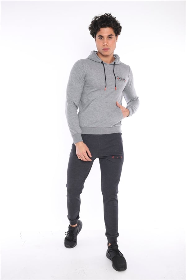 Escetic G2 Melanj Erkek Nefes Alan Pamuklu Kapüşonlu Baskılı Slimfit Spor Sweat Takım A3043