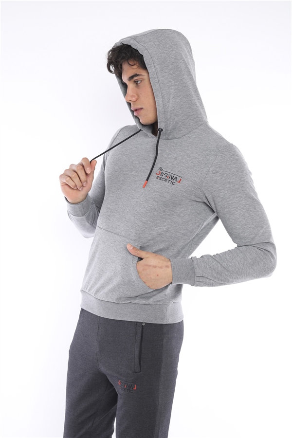 Escetic G2 Melanj Erkek Nefes Alan Pamuklu Kapüşonlu Baskılı Slimfit Spor Sweat Takım A3043