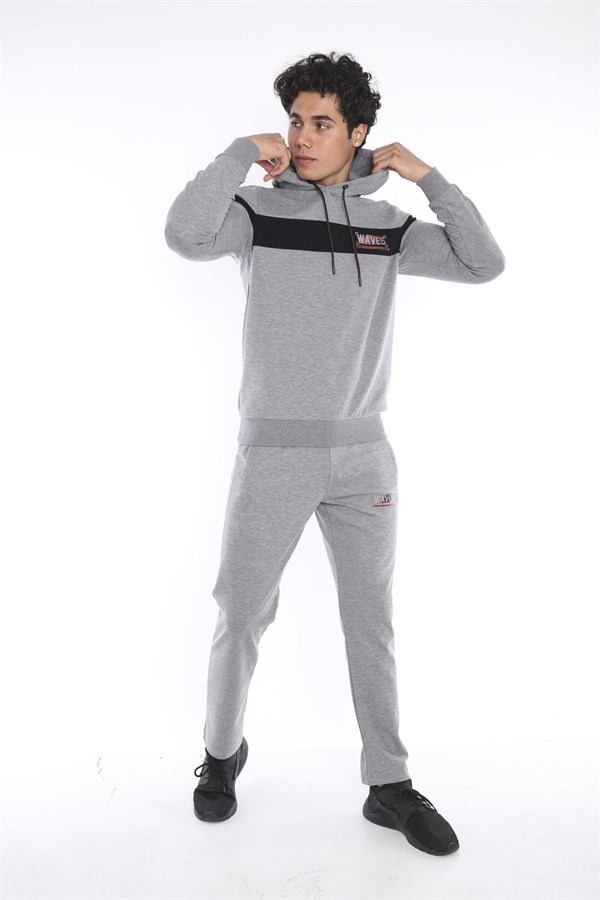 Escetic G2 Melanj Erkek Nefes Alan Pamuklu Kapüşonlu Baskılı Slimfit Spor Sweat Takım A3042