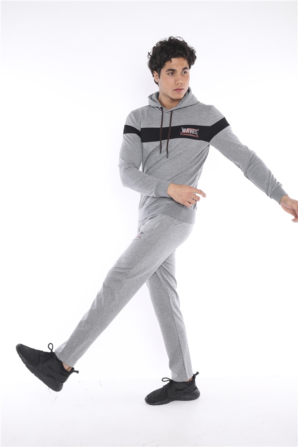 Escetic G2 Melanj Erkek Nefes Alan Pamuklu Kapüşonlu Baskılı Slimfit Spor Sweat Takım A3042