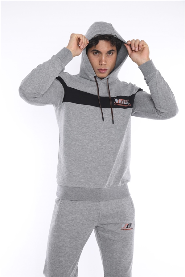 Escetic G2 Melanj Erkek Nefes Alan Pamuklu Kapüşonlu Baskılı Slimfit Spor Sweat Takım A3042