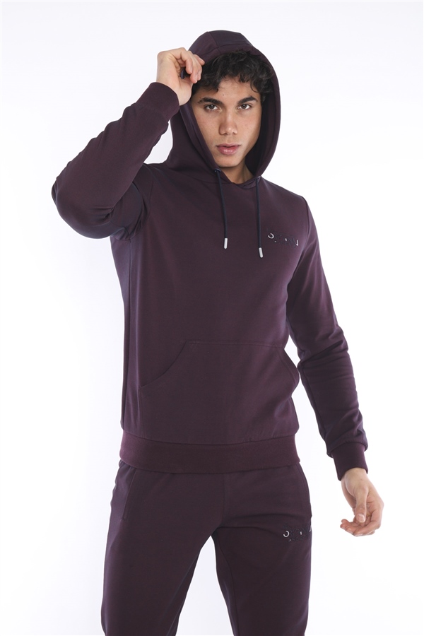 Escetic Lacivert-Bordo Erkek Nefes Alan Pamuklu Kapüşonlu Baskılı Slimfit Spor Sweat Takım A3043