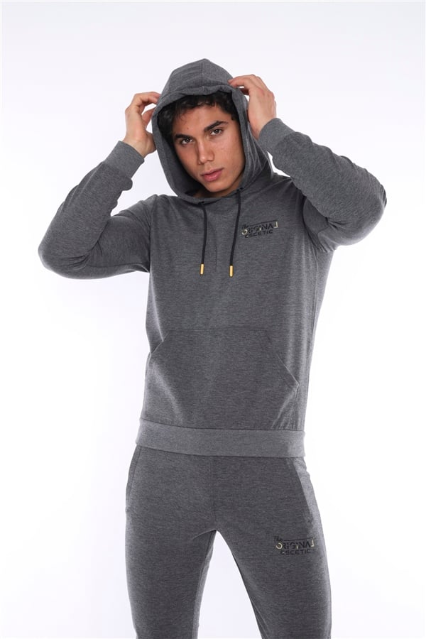 Escetic G3 Melanj Erkek Nefes Alan Pamuklu Kapüşonlu Baskılı Slimfit Spor Sweat Takım A3043