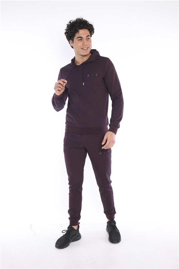 Escetic Lacivert-Bordo Erkek Nefes Alan Pamuklu Kapüşonlu Baskılı Slimfit Spor Sweat Takım A3043