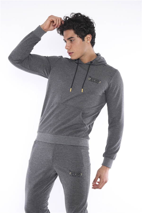 Escetic G3 Melanj Erkek Nefes Alan Pamuklu Kapüşonlu Baskılı Slimfit Spor Sweat Takım A3043