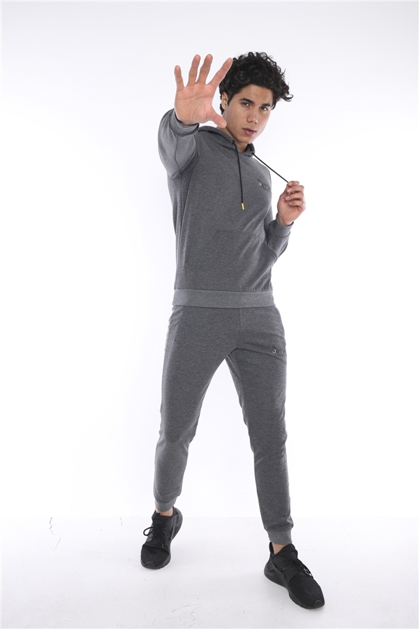 Escetic G3 Melanj Erkek Nefes Alan Pamuklu Kapüşonlu Baskılı Slimfit Spor Sweat Takım A3043