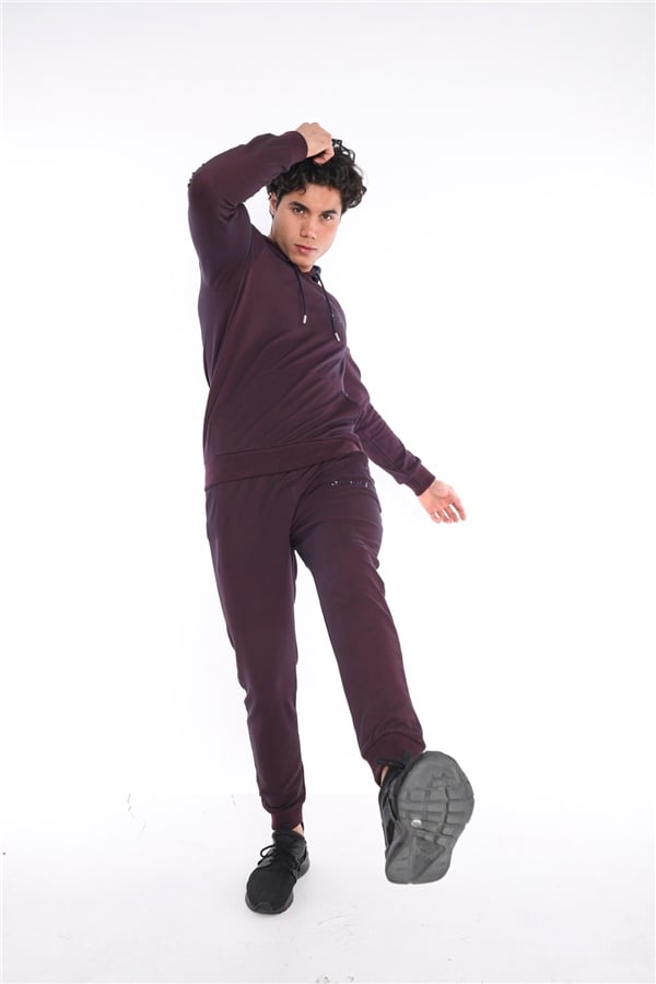 Escetic Lacivert-Bordo Erkek Nefes Alan Pamuklu Kapüşonlu Baskılı Slimfit Spor Sweat Takım A3043