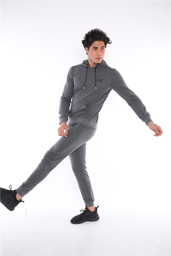 Escetic G3 Melanj Erkek Nefes Alan Pamuklu Kapüşonlu Baskılı Slimfit Spor Sweat Takım A3043