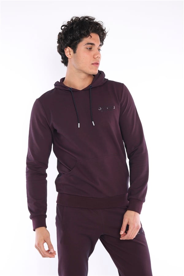 Escetic Lacivert-Bordo Erkek Nefes Alan Pamuklu Kapüşonlu Baskılı Slimfit Spor Sweat Takım A3043