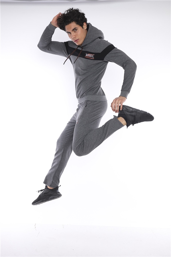 Escetic G3 Melanj Erkek Nefes Alan Pamuklu Kapüşonlu Baskılı Slimfit Spor Sweat Takım A3042