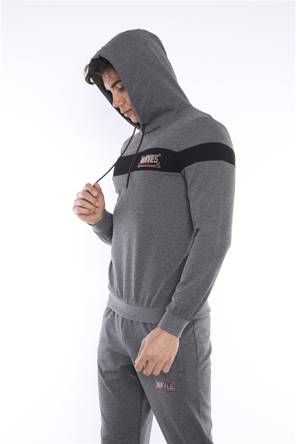 Escetic G3 Melanj Erkek Nefes Alan Pamuklu Kapüşonlu Baskılı Slimfit Spor Sweat Takım A3042