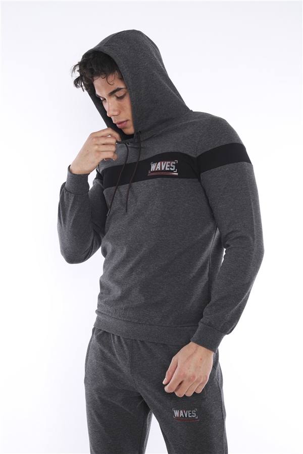 Escetic Antresit Erkek Nefes Alan Pamuklu Kapüşonlu Baskılı Slimfit Spor Sweat Takım A3042