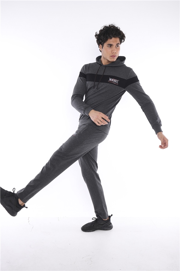 Escetic Antresit Erkek Nefes Alan Pamuklu Kapüşonlu Baskılı Slimfit Spor Sweat Takım A3042