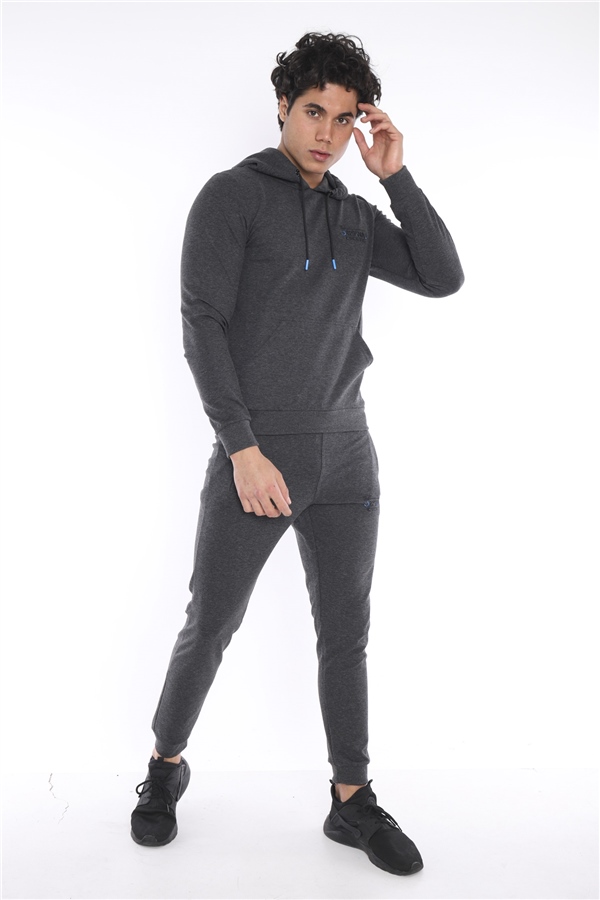 Escetic Antresit Erkek Nefes Alan Pamuklu Kapüşonlu Baskılı Slimfit Spor Sweat Takım A3043