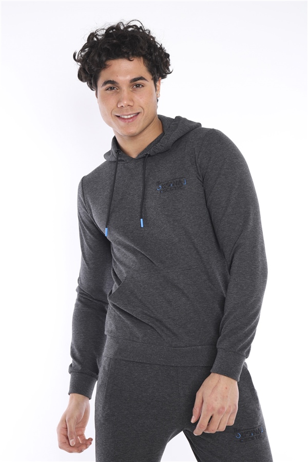 Escetic Antresit Erkek Nefes Alan Pamuklu Kapüşonlu Baskılı Slimfit Spor Sweat Takım A3043