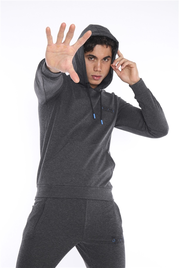 Escetic Antresit Erkek Nefes Alan Pamuklu Kapüşonlu Baskılı Slimfit Spor Sweat Takım A3043