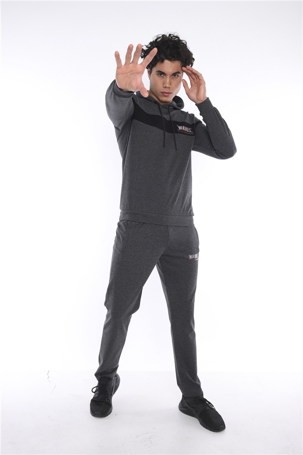 Escetic Antresit Erkek Nefes Alan Pamuklu Kapüşonlu Baskılı Slimfit Spor Sweat Takım A3042