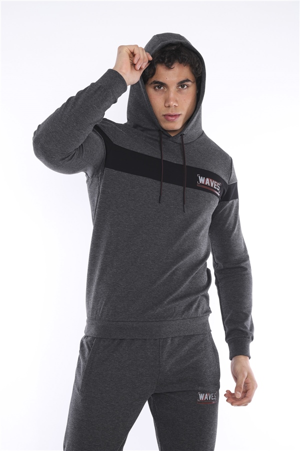 Escetic Antresit Erkek Nefes Alan Pamuklu Kapüşonlu Baskılı Slimfit Spor Sweat Takım A3042