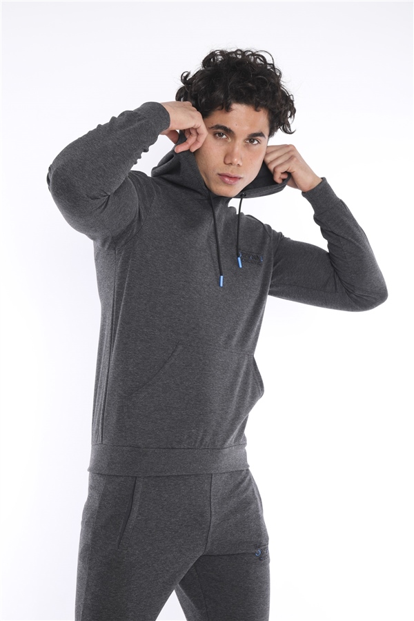 Escetic Antresit Erkek Nefes Alan Pamuklu Kapüşonlu Baskılı Slimfit Spor Sweat Takım A3043