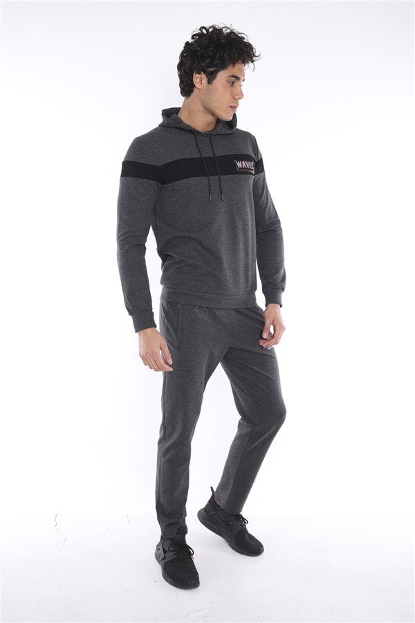 Escetic Antresit Erkek Nefes Alan Pamuklu Kapüşonlu Baskılı Slimfit Spor Sweat Takım A3042