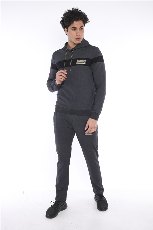 Escetic Siyah Gri Erkek Nefes Alan Pamuklu Kapüşonlu Baskılı Slimfit Spor Sweat Takım A3042