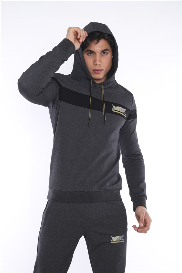 Escetic Siyah Gri Erkek Nefes Alan Pamuklu Kapüşonlu Baskılı Slimfit Spor Sweat Takım A3042