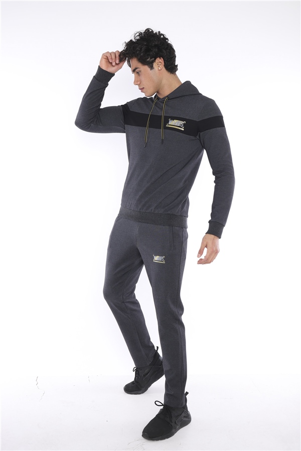 Escetic Siyah Gri Erkek Nefes Alan Pamuklu Kapüşonlu Baskılı Slimfit Spor Sweat Takım A3042