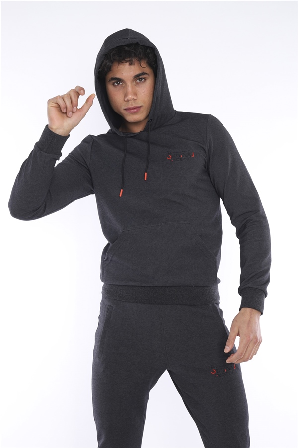 Escetic Siyah-Gri Erkek Nefes Alan Pamuklu Kapüşonlu Baskılı Slimfit Spor Sweat Takım A3043