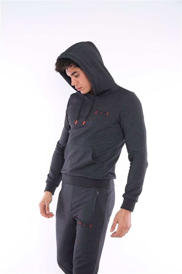 Escetic Siyah-Gri Erkek Nefes Alan Pamuklu Kapüşonlu Baskılı Slimfit Spor Sweat Takım A3043