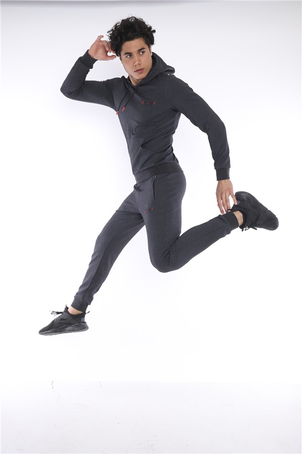 Escetic Siyah-Gri Erkek Nefes Alan Pamuklu Kapüşonlu Baskılı Slimfit Spor Sweat Takım A3043