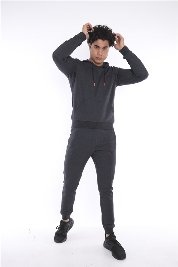 Escetic Siyah-Gri Erkek Nefes Alan Pamuklu Kapüşonlu Baskılı Slimfit Spor Sweat Takım A3043